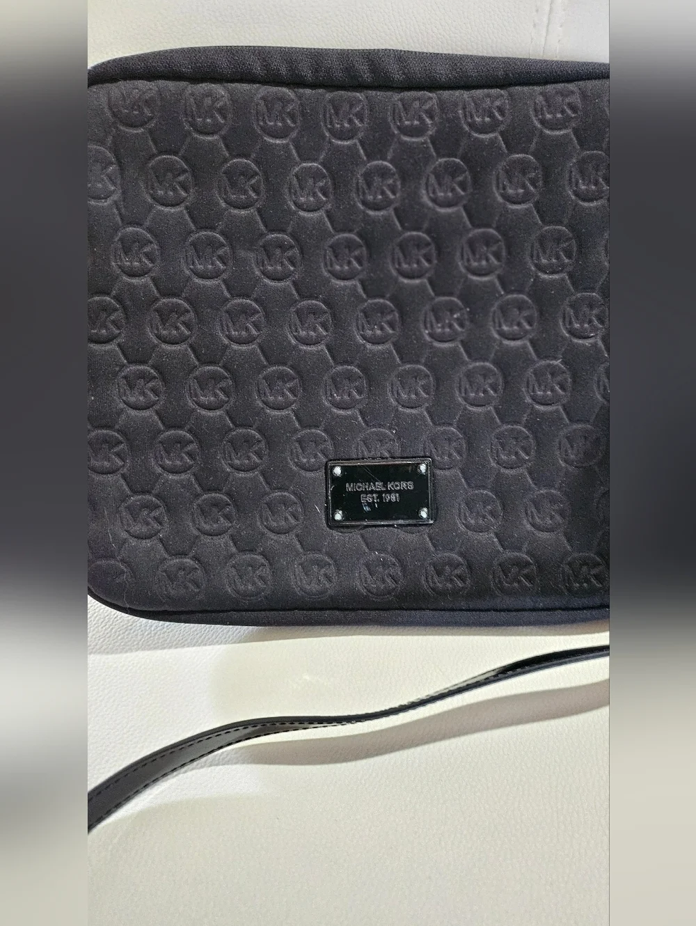 Michael Kors Mono Embossed Neoprene iPad Crossbody Bag Black Padded Tablet Purse